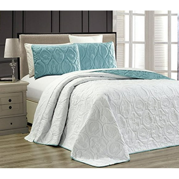 Grand Linen 3-Piece Tropical Coast Seashell Beach King Oversize Oversize Bedspread SPA Blue/White Reversible Coverlet Embossed Bed Cover Set. Sea Shells, Sea Horse, Starfish etc.