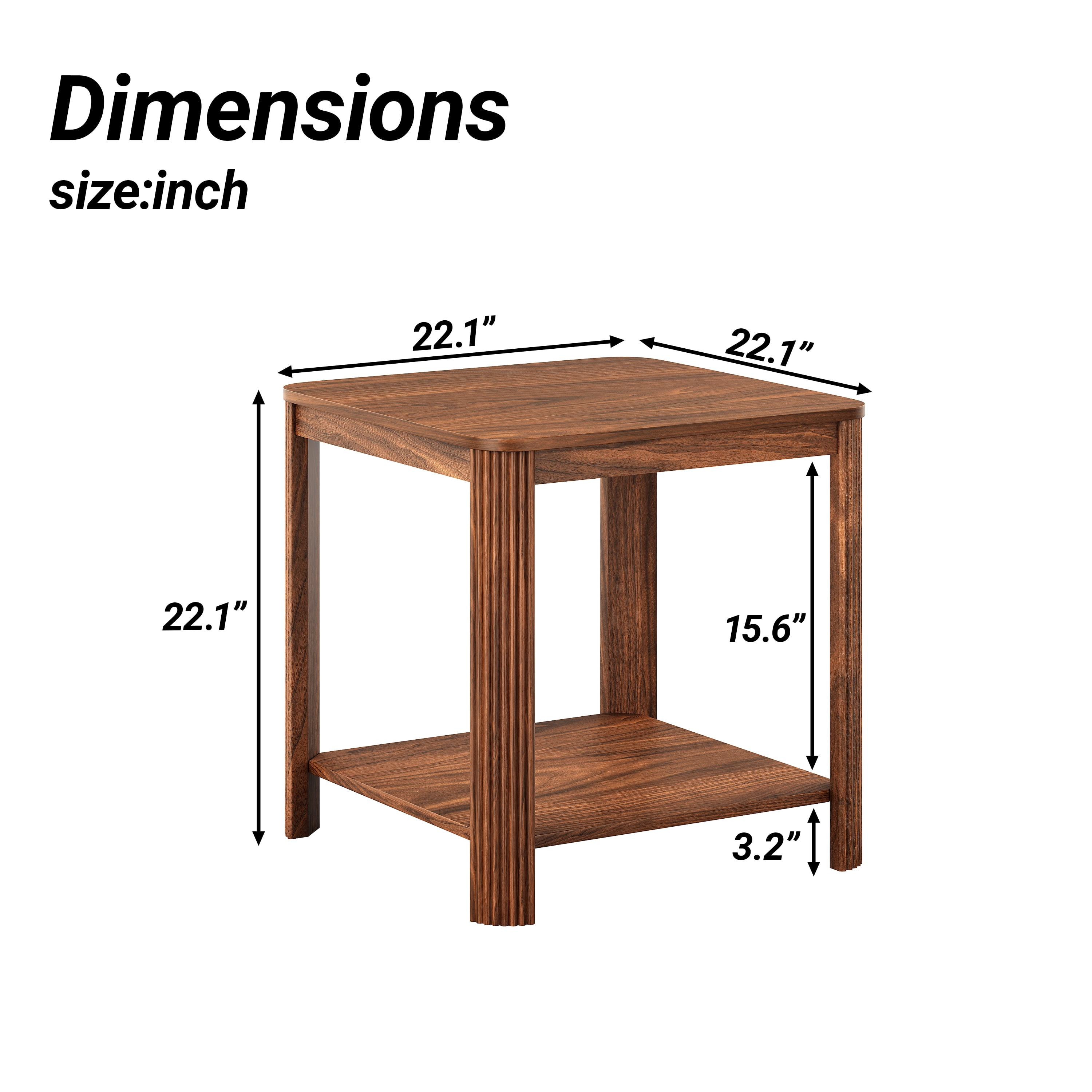 Rounded Corner End Tables Set of 2, 22.1" Square Nightstand with Vertical Wave Grain Legs, 2-Tier Boho Side Table for Living Room, Bedroom & Home Office (Walnut)