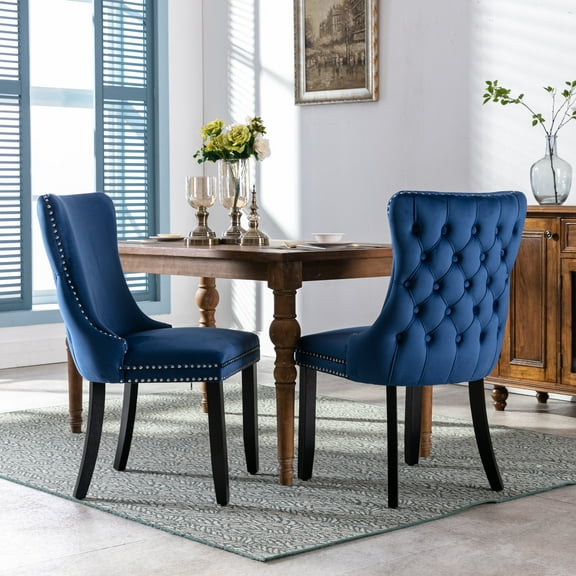 Upholstered Wing-Back Dining Chair with Backstitching Nailhead Trim and Solid Wood Legs,Set of 2, Blue
