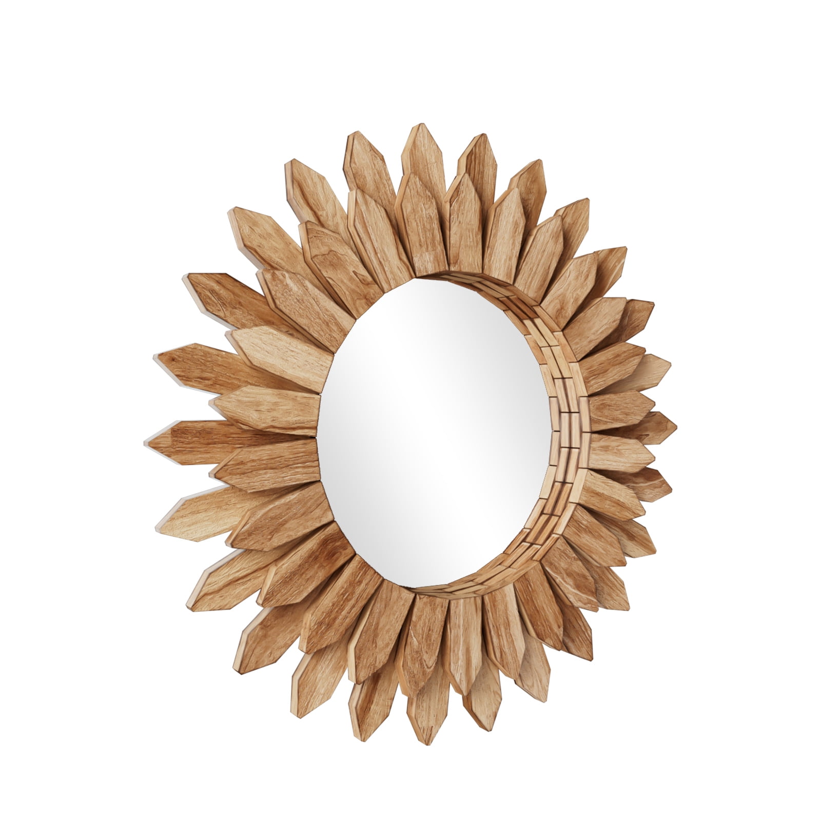 Easy4Home 20" Rustic Wood Mirror Wall Decoration Hanging Round Mirror,Light Brown
