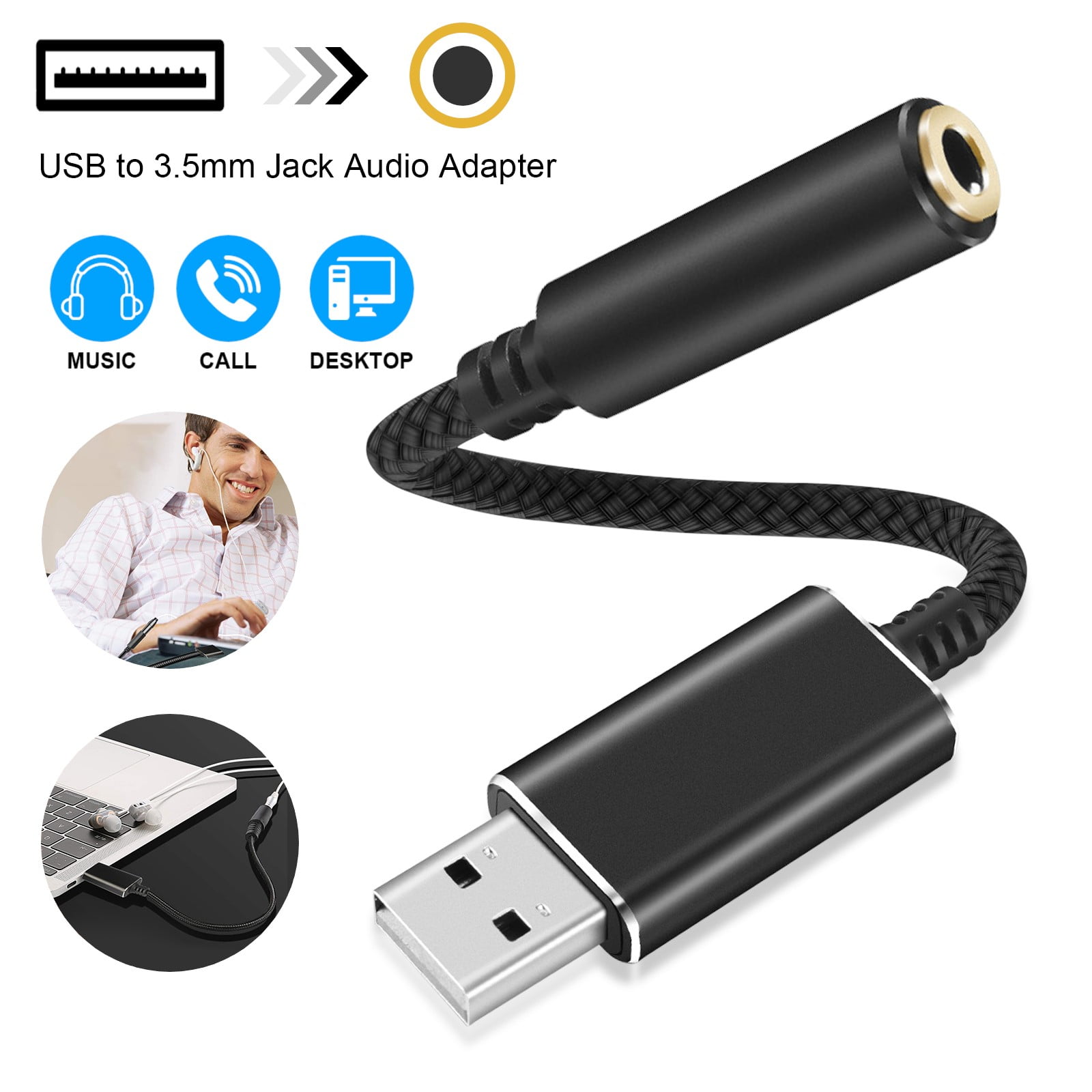 USB to 3.5mm Jack Audio Adapter, USB to AUX Cable with TRRS 4-Pole Mic-Supported USB to Headphone AUX Adapter Built-in Chip External Sound Card for PS4 PC and More (7.8 inches)