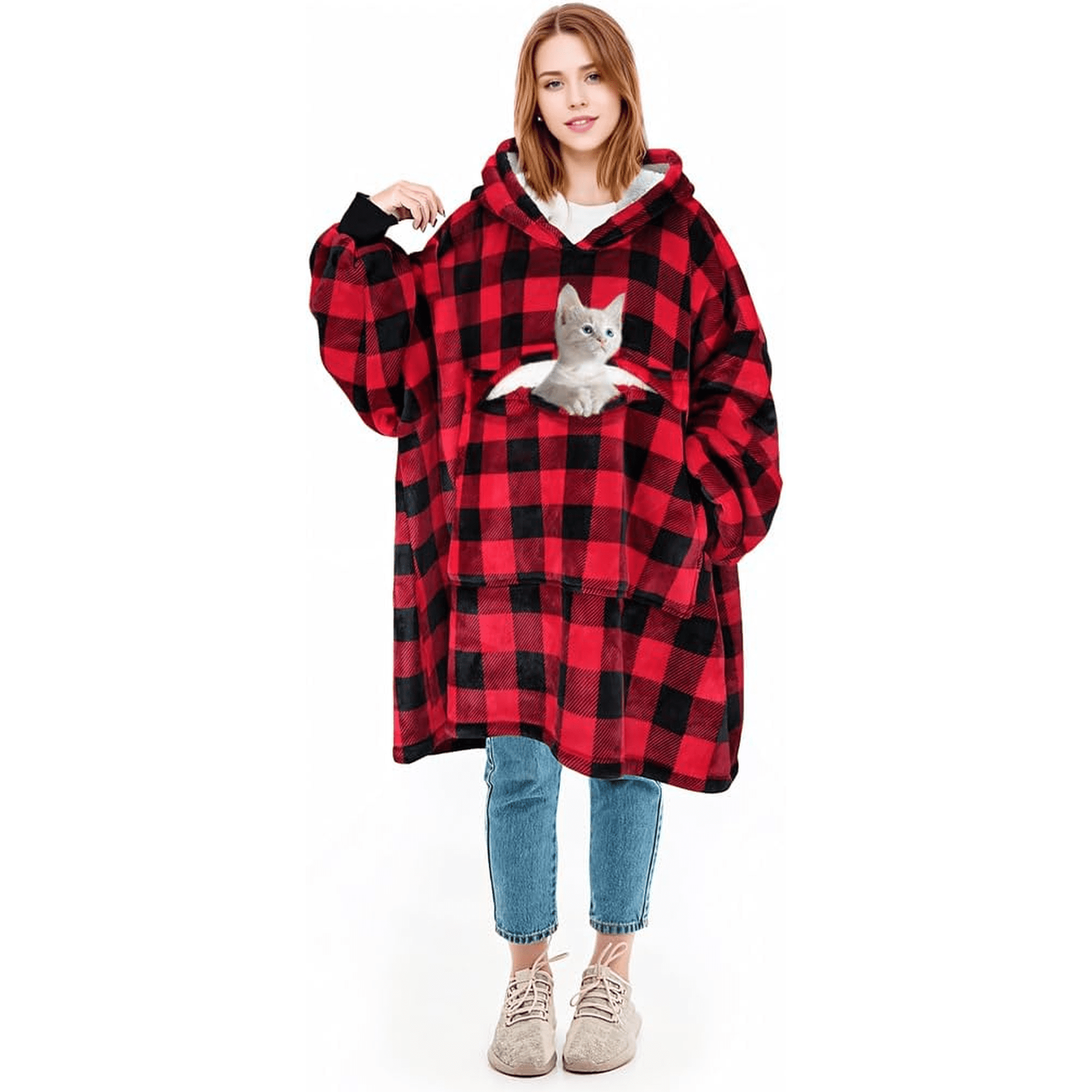 Oversized Sherpa Wearable Blanket Hoodie Pet Pocket Red Plaid One Size Women Men