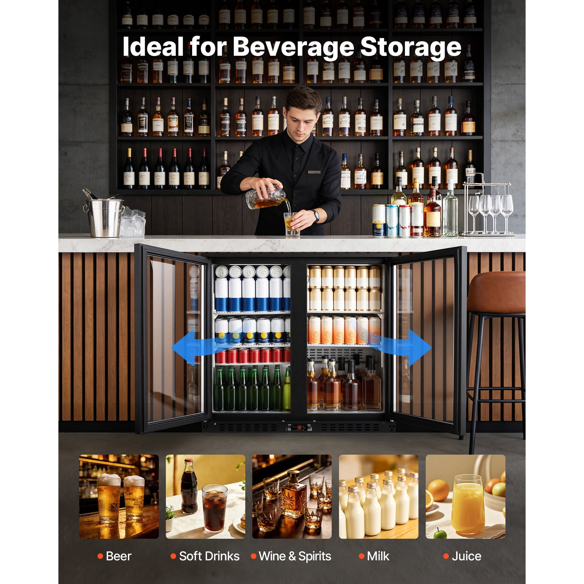 KFFKFF Commercial Back Bar Cooler, 7.4 Cu. Ft Beverage Refrigerator with Dual Glass Doors, LED Lighting, Adjustable Shelves, and Low-E Glass for Storing Beer, Soda, Wine, and Other Drinks
