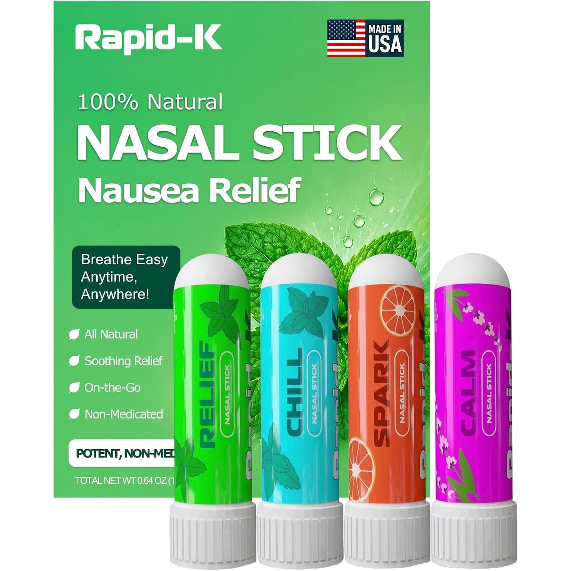 Rapid-K Menthol Nasal Stick, Aromatherapy Essential Oil Inhaler, Variety 4 Pack (Mint, Wintergreen, Tropical Citrus, Lavender)