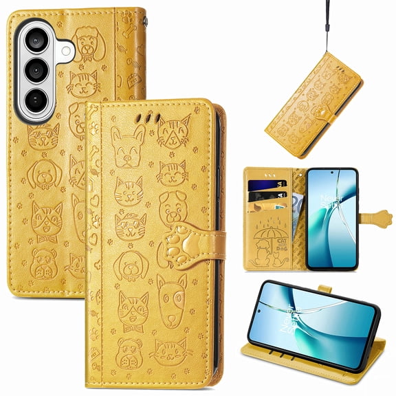 Lunvic for Samsung Galaxy S26 Wallet Case, Embossed Pet Pattern Folio Cover, 3 Card Slots, Cash Pocket, Stand, TPU Inner Shell, Yellow
