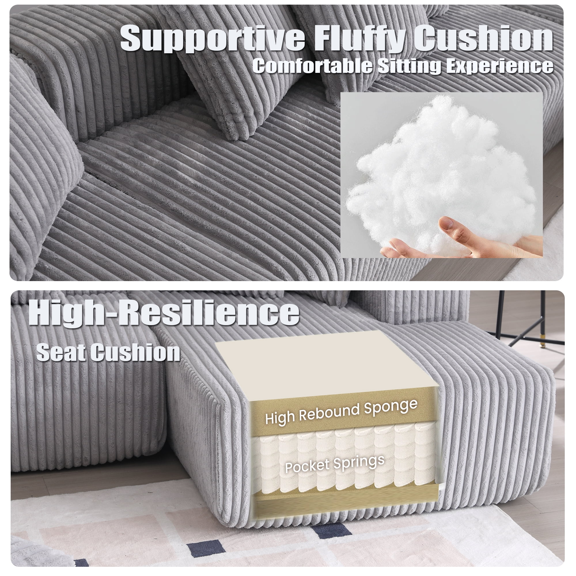 SEENYOO 130" Boneless Couch, Modern Couches for Living Room, U-Shaped 4-Seat Modular Sofa with Chaise, Oversized, No Assembly, Gray