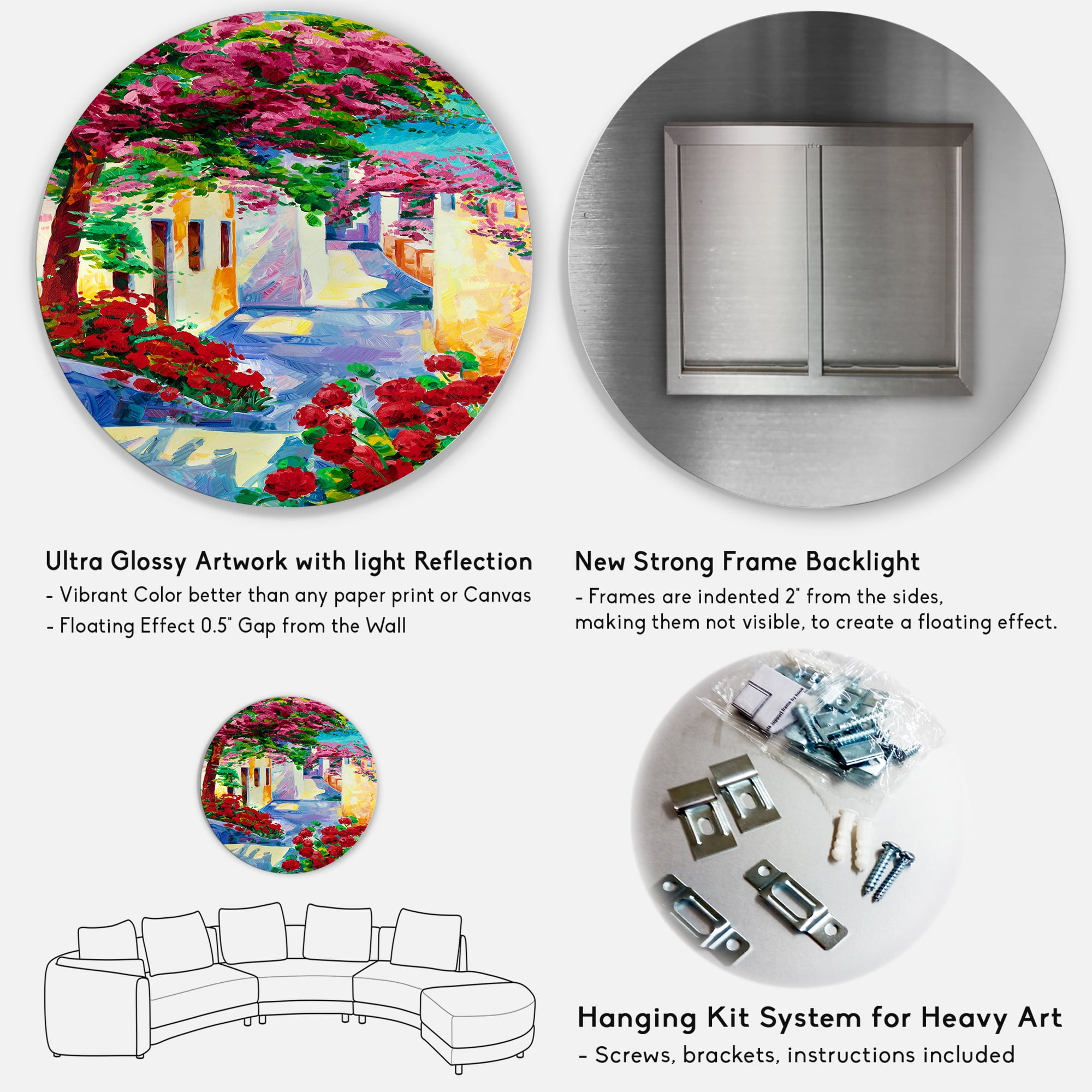 Designart 'Colorful Traditional Santorini Houses Among Flowers' Nautical & Coastal Circle Metal Wall Art 29x29 - Disc of 29