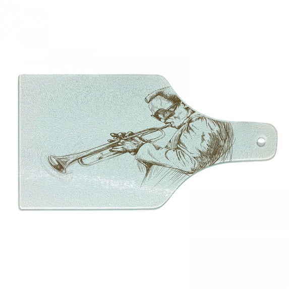 Music Cutting Board, Jazz Man Playing Trumpet with a Pose Sketch Image Solo Show Art Print, Decorative Tempered Glass Cutting and Serving Board, Wine Bottle Shape, Green Brown White, by Ambesonne
