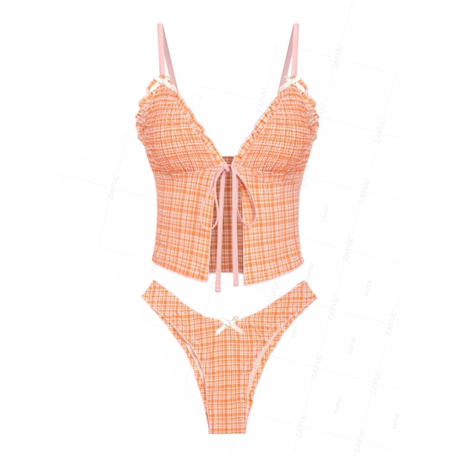 Set Tankini a la perfección a cuadros vichy con decoración de lazo naranja para mujer