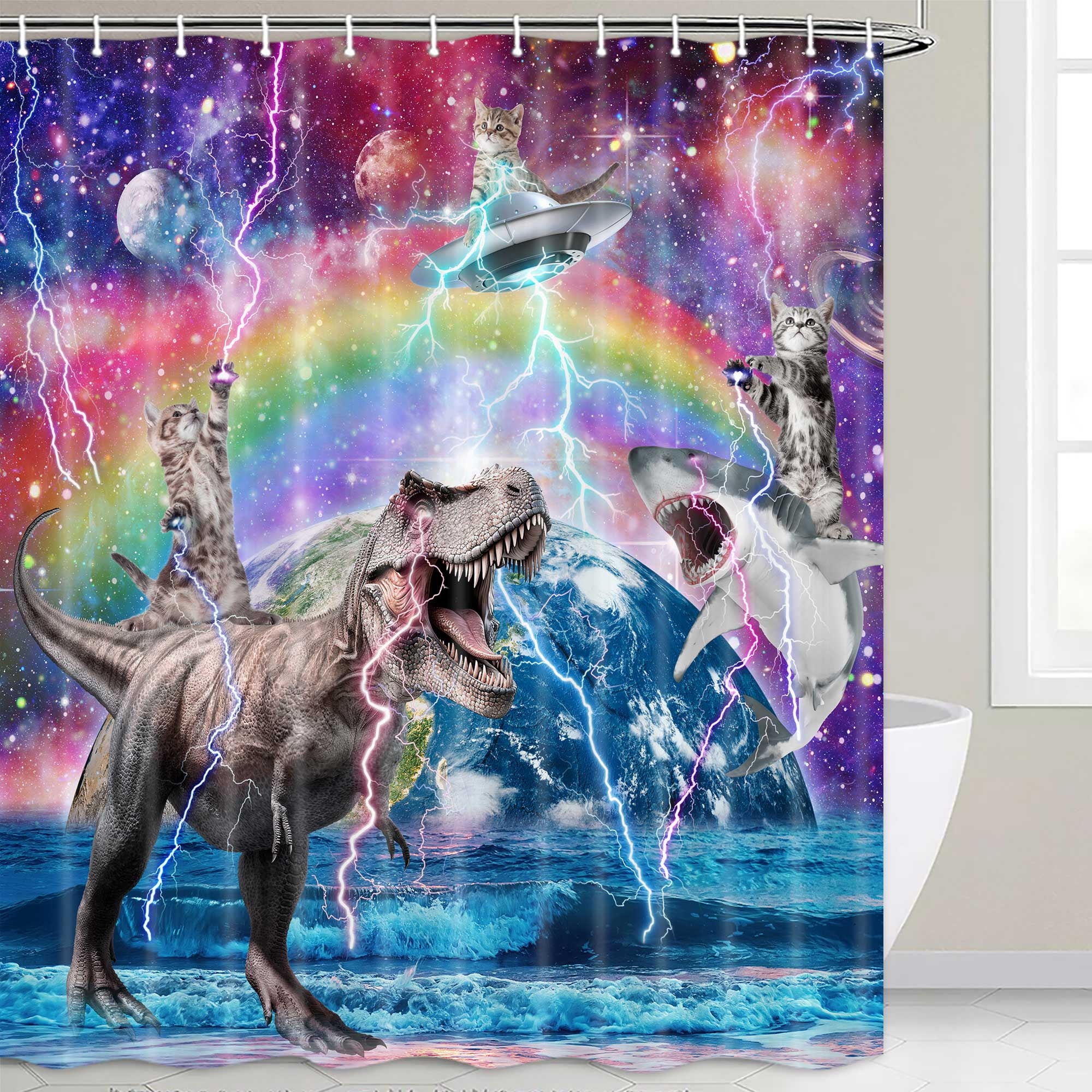 Funny Cat Shower Curtain, Cool Cat Riding Dinosaur on Fantasy Galaxy Space Shower Curtains for Boys Girls, Cute Shark Hilarious Outer Universe Anime Fabric Shower Curtain for Bathroom with Hooks
