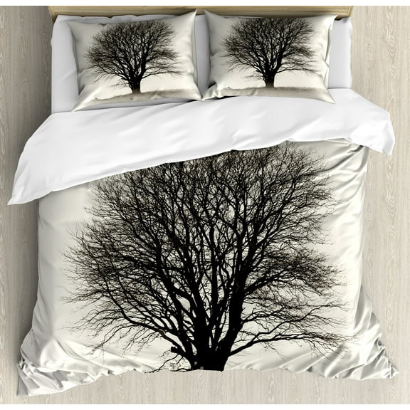 Black and White Duvet Cover Set, Lonely Tree in Field with Many Leafless Branches Countryside Vintage, Decorative 3 Piece Bedding Set with 2 Pillow Shams, Queen Size, Ivory Dark Grey, by Ambesonne