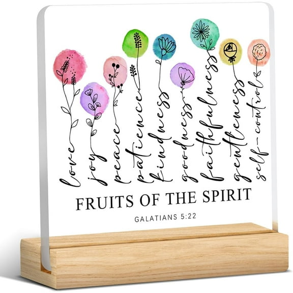 Religious Gifts Christian Gift Fruits of the Spirit Clear Desk Decorative Sign Scripture Floral Acrylic Plaque With Wooden Stand 4x4 Inch Sign Home Desk Decor