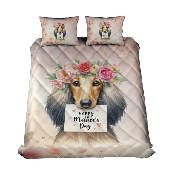 Happy Mother's Day Afghan Hound with Flower Crown and Greeting Card Quilt Bedding Set Dog Lover 1 Blanket Bed Cover 2 Pillowcases - 13004