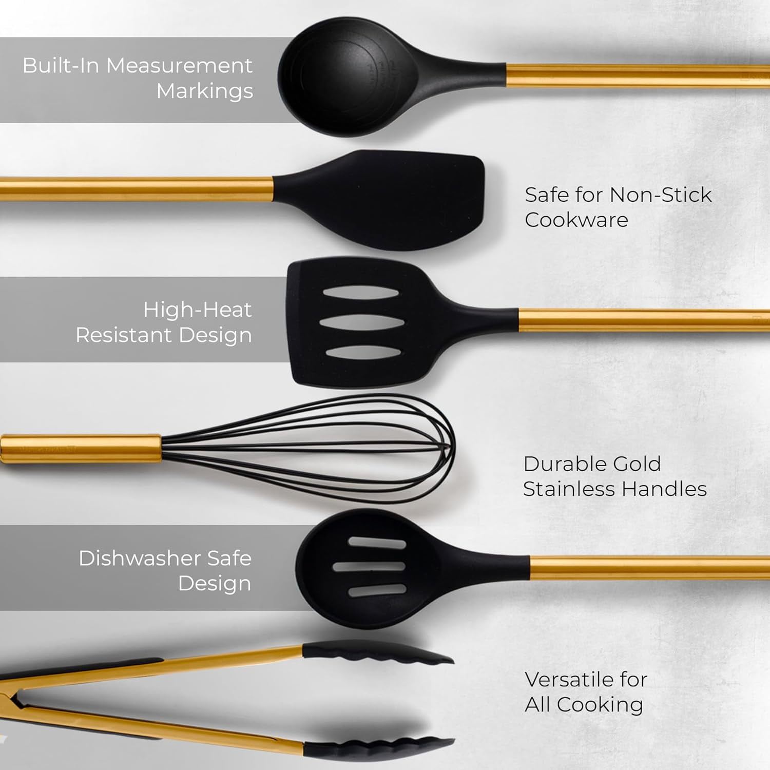 Styled Settings Black and Gold Kitchen Utensils Set – 8 Piece Silicone Cooking Utensils with Gold Handles, Black Ceramic Utensil Holder and Spoon Rest, Nonstick Safe and Heat Resistant