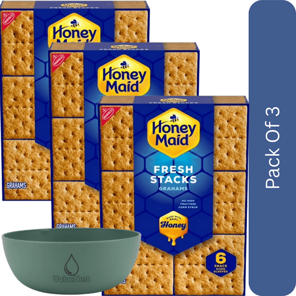 HONEY MAID Fresh Stacks Graham Crackers, Travel Snacks, 12.2 oz (6 Multi Snack Packs)-3pk, With Olive Green Bowl By ValueNest