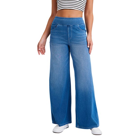 Jeans for Women Elastic High Waist Wide Leg Stretchy Baggy Streetwear Casual Denim Pants with Pockets