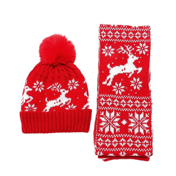 Christmas Knitted Beanie Scarf Set for Women 2 Piece Fuzzy Lined Plush Pom Skull Hat and Long Scarf Winter Thermal Sets