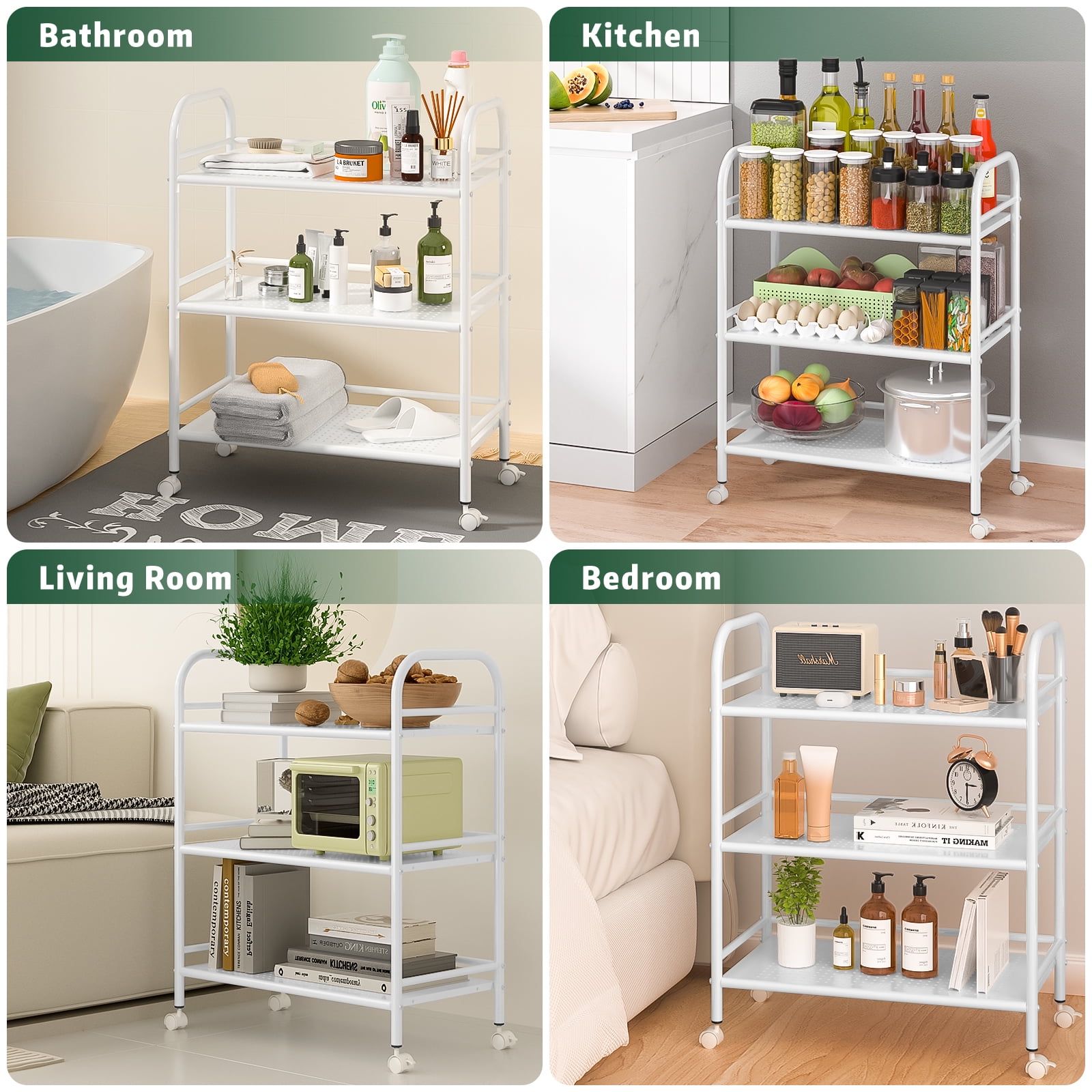 Cshidworld 3-Tier Metal Rolling Cart, Shelving Unit Storage Rack Kitchen Cart Island with Shelves, Heavy Duty Multifunctional Metal Frame with 2 Lockable Wheels for Home Office Kitchen Bedroom, White