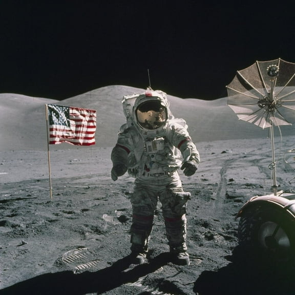 Art.com Apollo 17 Astronaut Stands Between US Flag and Lunar Rover, Dec 12, 1971 Photo, 16" x 16"