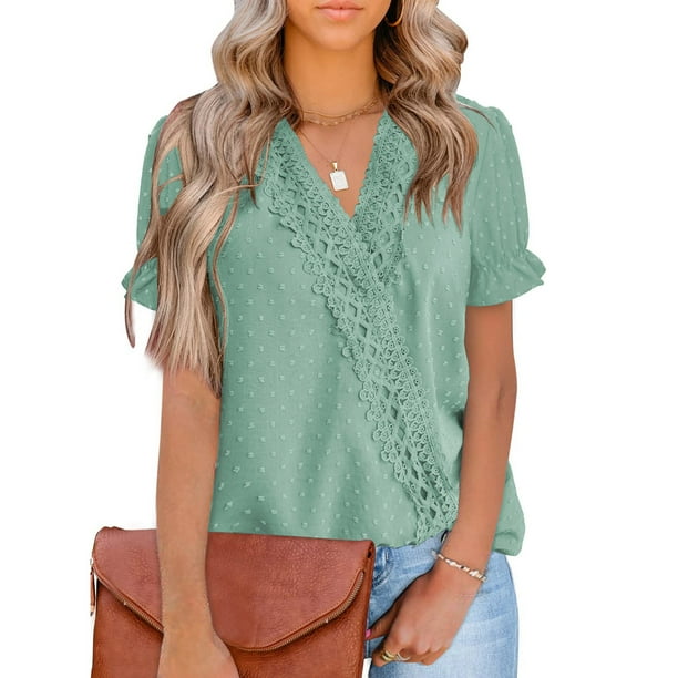 Blusa de manga corta con cuello en V informal de verano para mujer a la moda OAVQHLG3B Store lin121212