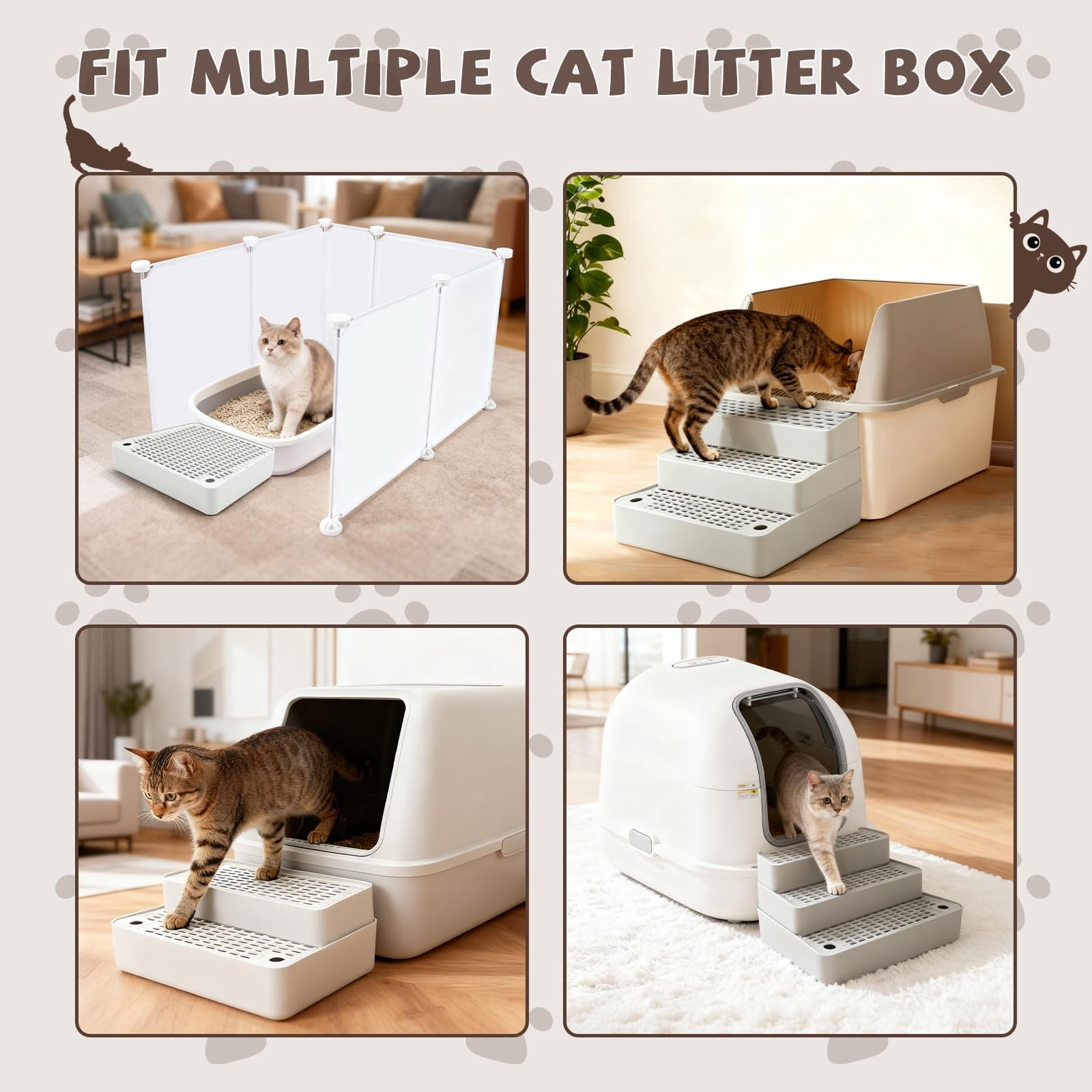 Adjustable 3-Step Cat Ramp for Litter Box, Litter Catcher Tray for Auto Litter Robots, 14"x9"x7"