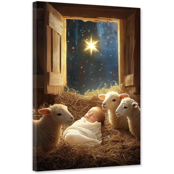 ZHONGYUTONG Nativity Canvas Wall Art Vintage Jesus Pictures Baby Jesus with Lamb Painting Nativity Scene Print for Bedroom Decor Framed (12.00" x 18.00")