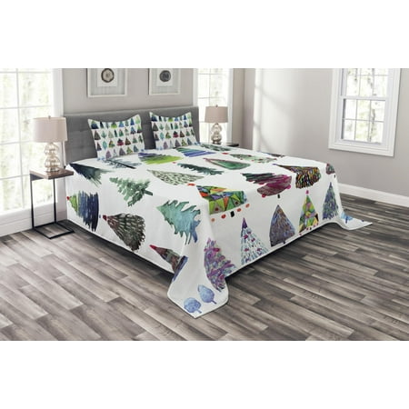 Seashore Themed Bedspreads Christmas Bedspread Set, Watercolor Christmas Theme Fir Trees Artistic Abstract Silhouettes Illustration, Decorative Quilted Coverlet Set with Pillow Shams Included, Multicolor, by Ambesonne ()