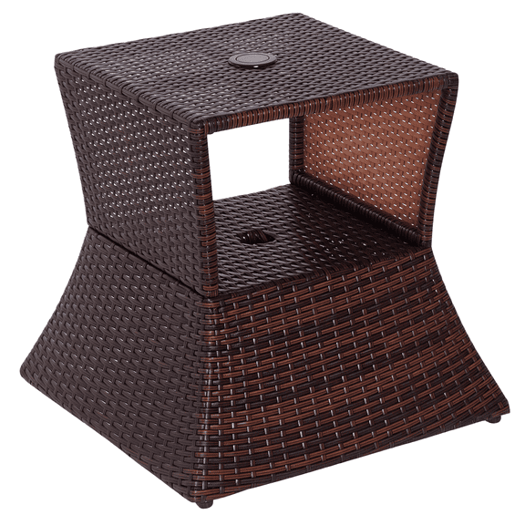 Rattan Wicker Patio Side Table with Umbrella Hole 2 Tier Storage All-Weather Garden Furniture Mixed Brown