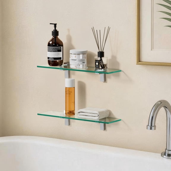 KES Bathroom Glass Shelf 23.6 Inches Bathroom Shelf with 8mm Tempered Glass and Brushed Nickel Bracket Wall Mount 2 Pack, WMBS001S60BNP2