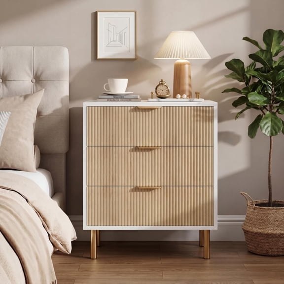 3 Drawer Dresser for Bedroom, Nightstand Chest of Drawers, Modern Wood Storage Dresser with Metal Handles & Anti-Tipping Device for Hallway Entryway, Natural