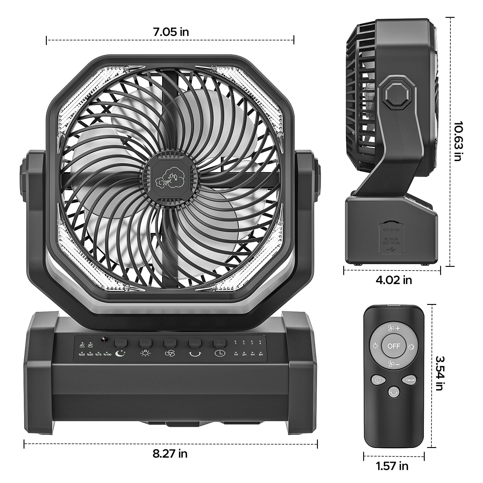 Portable Camping Tent Fan 20000mAh Rechargeable Battery Operated Desk Fan Auto Oscillating with LED Lantern and Remote, Black
