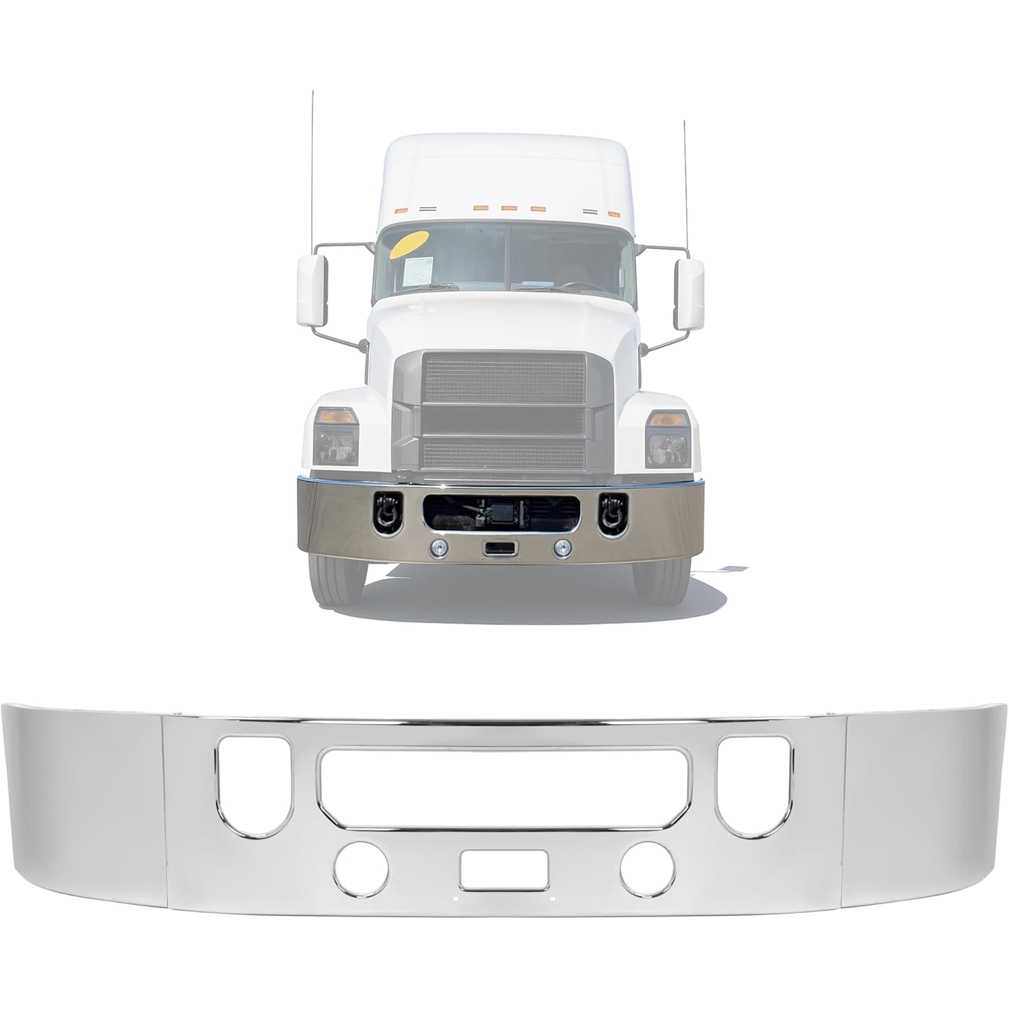 KOJEM 3PCS Front Bumper W/Fog Lights Holes Compatible with 2002-Up Mack Vision CX 17 2017-Up Mack Anthem W/Tow, Vent &Center Step Cutouts Steel Chrome Silvery