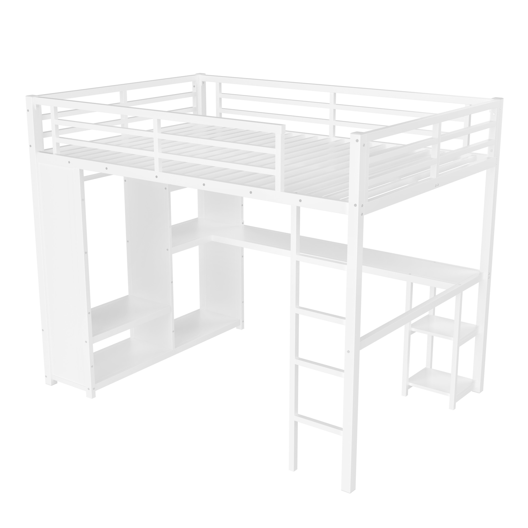 Aukfa Queen Size Heavy Duty Metal Loft Bed with Desk, Wardrobe & 5 Storage Shelves, Space-Saving Design for Kids, Teens, Adults, White