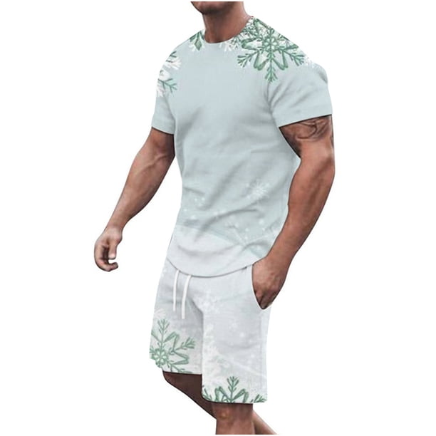 Conjunto de blusa y pantalones de manga corta con estampado 3D de camiseta de cuello redondo de Navidad informal para hombres Pompotops oipoqjl35881