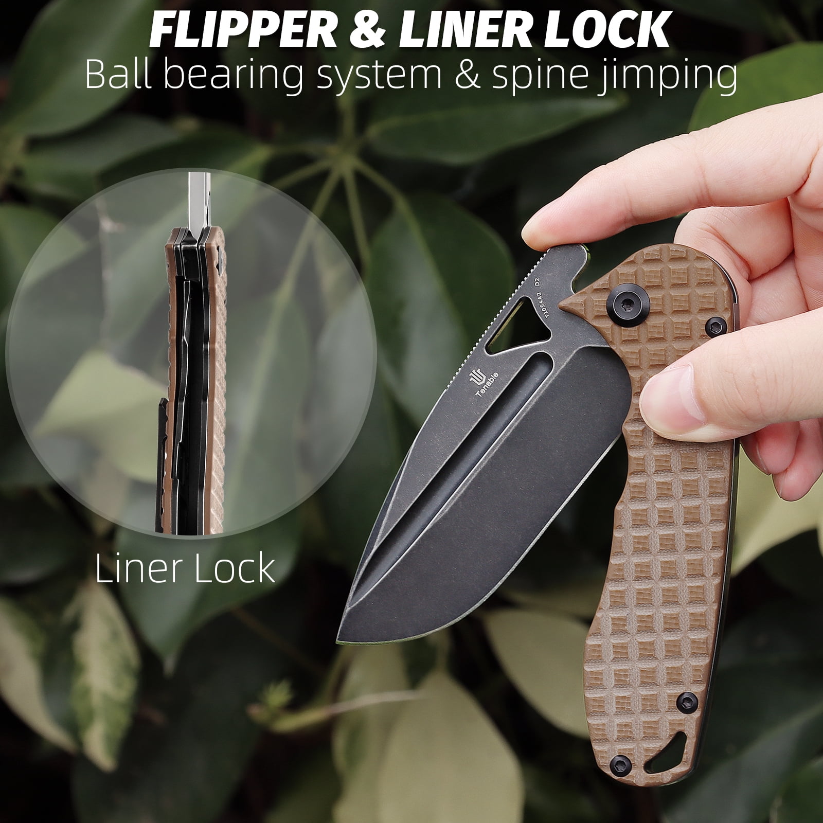Tenable Bömbur Folding Pocket Knife 3.53'' Blackwash D2 Blade,Brown G10 with Frag Pattern Handle,T1054A2