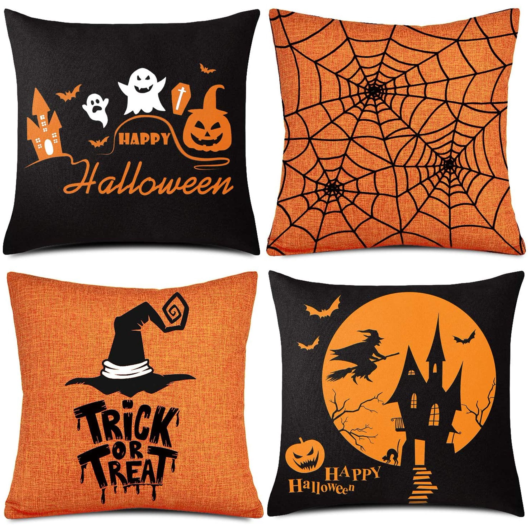 'Halloween Pillow Covers Decor, Niyattn 4 pcs 18x18 Inches Fall Pillow Covers Orange and Black Pillow Case, Happy Halloween Linen Sofa Bed Throw Cushion'