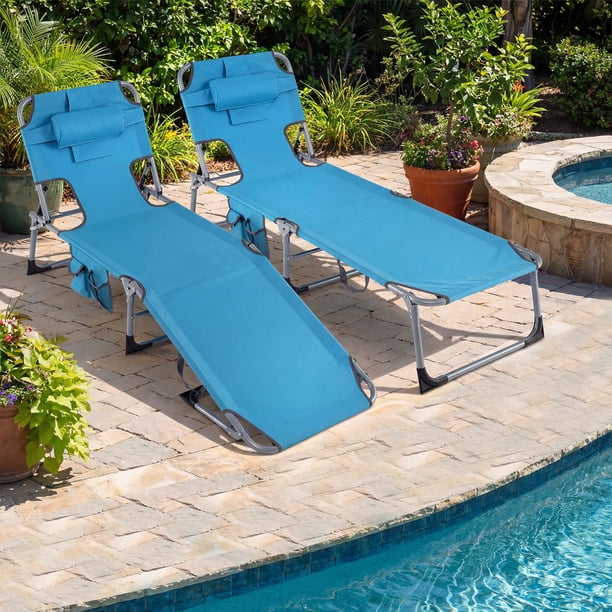 Goplus Folding Chaise Lounge Chair with Pillow - Blue - Walmart