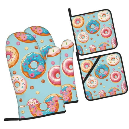 

Haiem Colorful Donut Print Extra Long Oven Mitts and Pot Holders 4pc Sets: Heat Resistant Silicone Oven Mittens with Mini Oven Gloves and Hot Pads Potholders