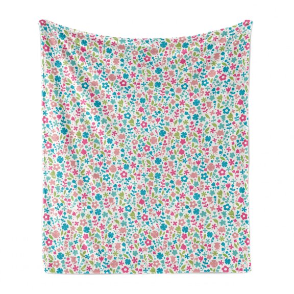 Baby Soft Flannel Fleece Blanket, Colorful Doodle Floral Pattern Polka Dots Blooming Nature Influenced Abstract Design, Cozy Plush for Indoor and Outdoor Use, 70" x 90", Multicolor, by Ambesonne