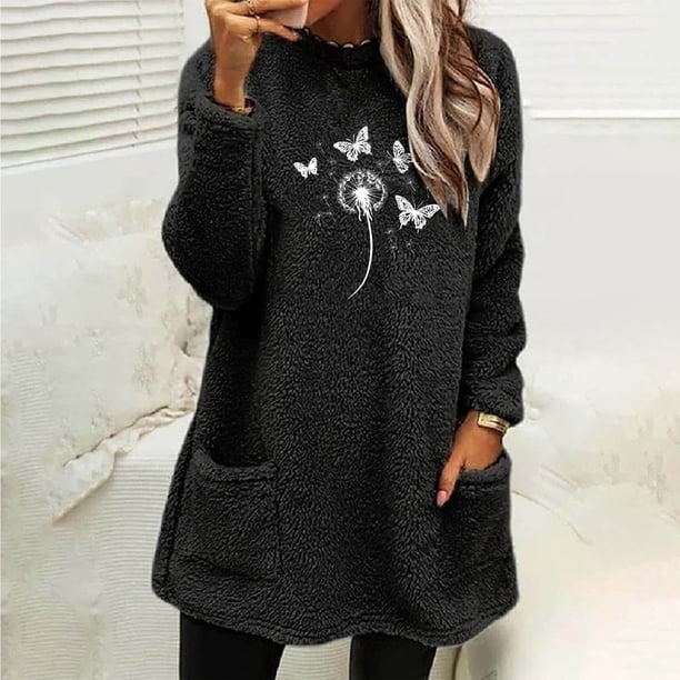 HongQid Fleece Sweatshirt for Women Winter Warm Sherpa Tunic Thermal Fleece Crew Neck Long Sleeve Pullover Loungewear with Pockets