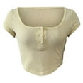 thumbnail image 3 of Wuxian Summer Tops For Women Solid Color Button Scoop Neck Short Sleeve Slim Fit Cropped Basic Tee Fashionable Casual Tight Crop Top Breathable Soft Cozy T-Shirts,Yellow,S, 3 of 4