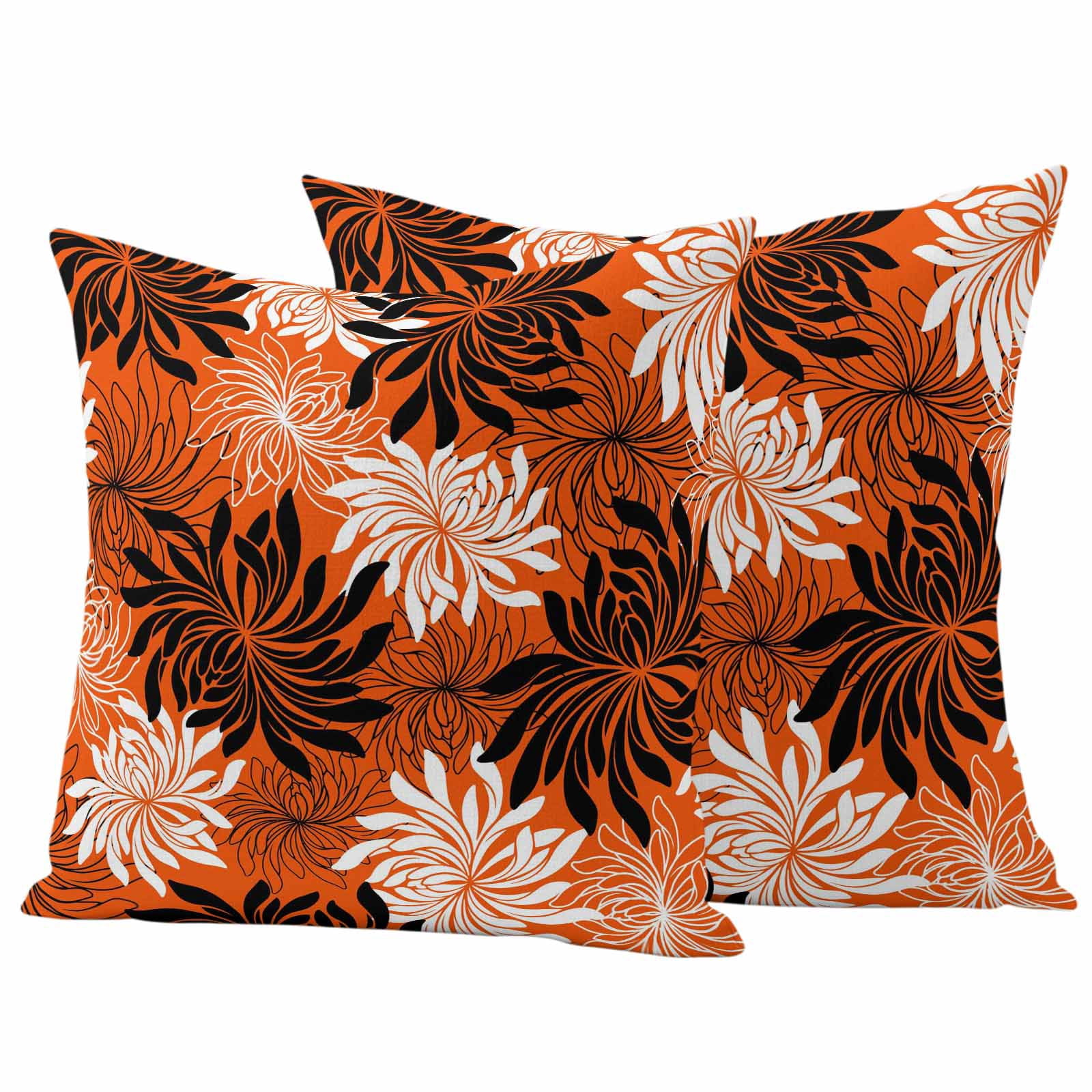 Orange Black Flowers Outdoor Waterproof Throw Pillow Covers 20x20 Set of 2, Modern Abstract Blooms Floral Decorative Pillowcases Cushion Pillowcase for Couch Sofa Patio Outside Pillow Protector