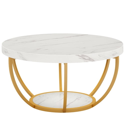 Modern Round Coffee Table, 31.7" 2 Tier Coffee Table with Faux White Marble and Golden Metal Legs, Circle Center Table Tea Table Accent Furniture for Living Room