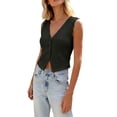 thumbnail image 3 of Vest Tops For Women，Women Knit Vest Top V Neck Sleeveless Cropped Button Up Crochet Going Out Tops Spring Ribbed Tank Black L, 3 of 9