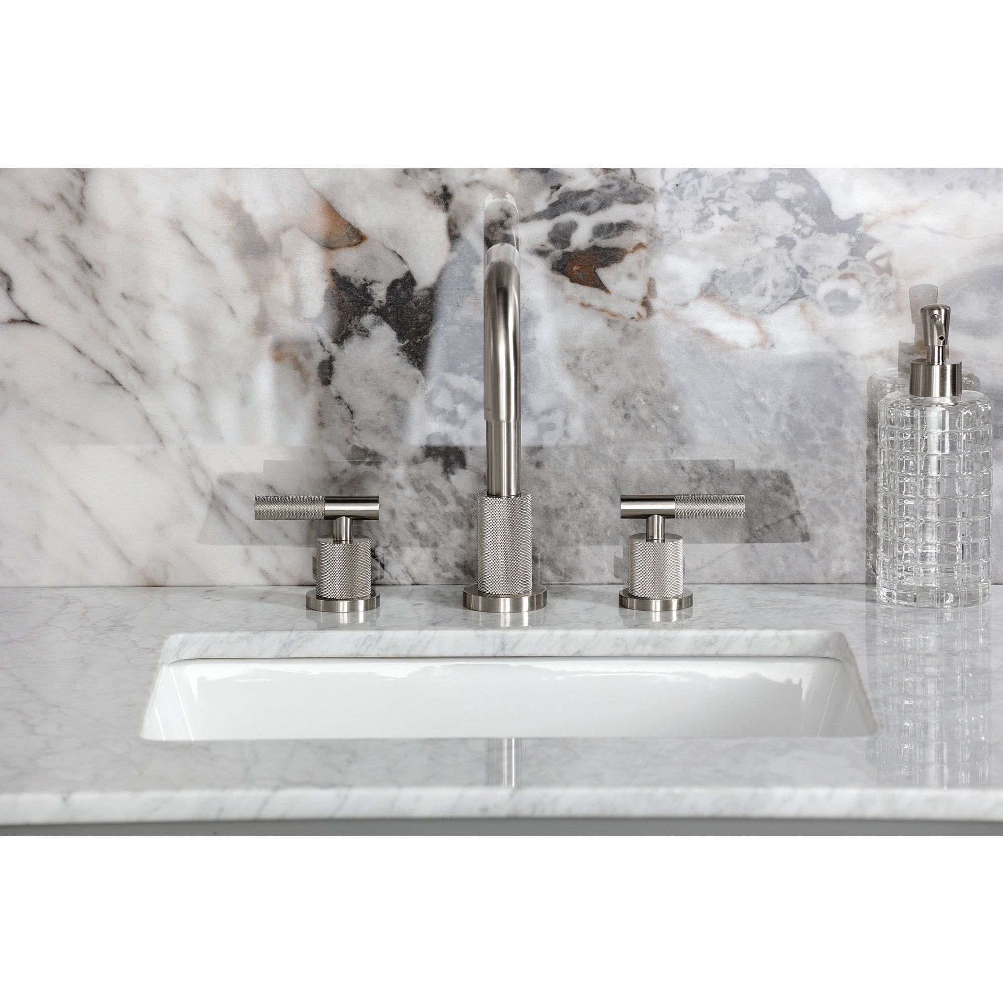 Kingston Brass FSC8938KNL Convergent Two-Handle 3-Hole Deck Mount Widespread Bathroom Faucet with Knurled Handle and Brass Pop-Up in Brushed Nickel