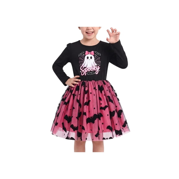 Girls Dress Black Pink Ghost Bat Long Sleeve Holiday Halloween Tulle Party Knee Length Dress 4 Years