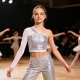 thumbnail image 5 of iiniim Girls Sparkle Sequins Ballet Dance Crop Tops Mesh Sleeve One Shoulder T-Shirt Jazz Hip Hop Dancewear Silver 16, 5 of 7