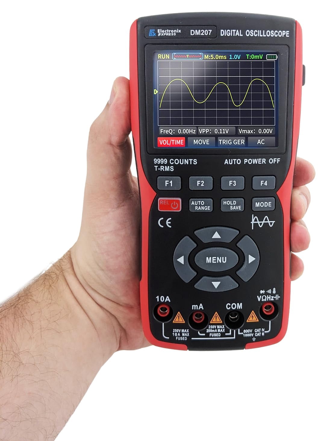 DM207 Handheld 2-in-1 Oscilloscope Multimeter with Backlit Color Screen, Single Channel 10MHz Bandwidth, 9999 Counts True RMS DMM with Temperature Measurement, Rechargeable - Electronix Express