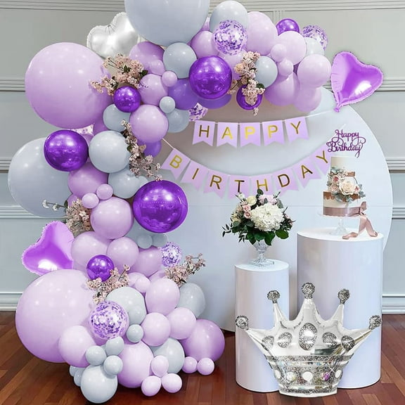 YANSION Purple Birthday Decorations, 47pcs Balloon Kit with Banner, Crown, Heart & Confetti Balloons