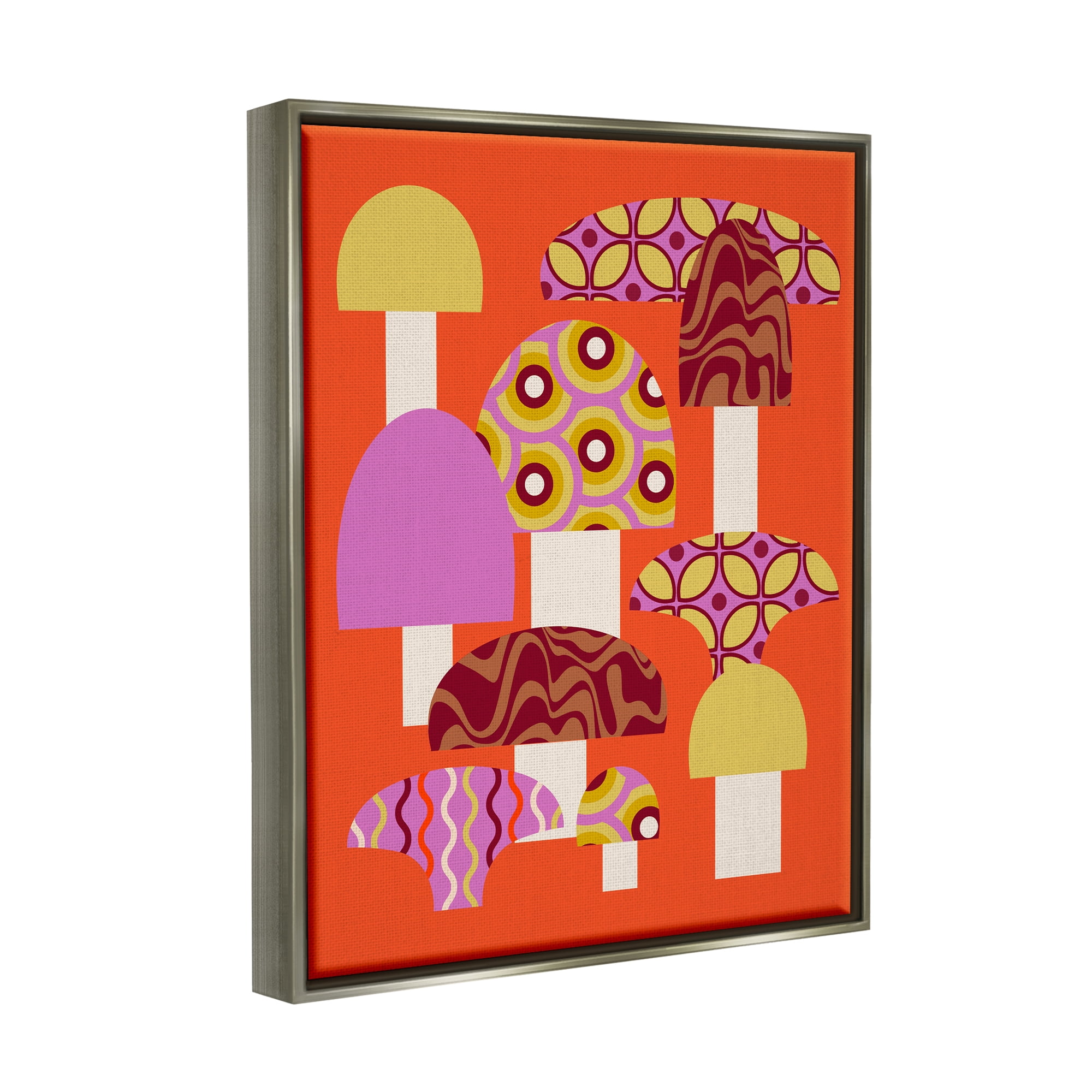 Stupell Industries Retro Patterned Mushrooms Botanical & Floral Painting Gray Floater Framed Canvas Art Print Wall Art, 25 x 31